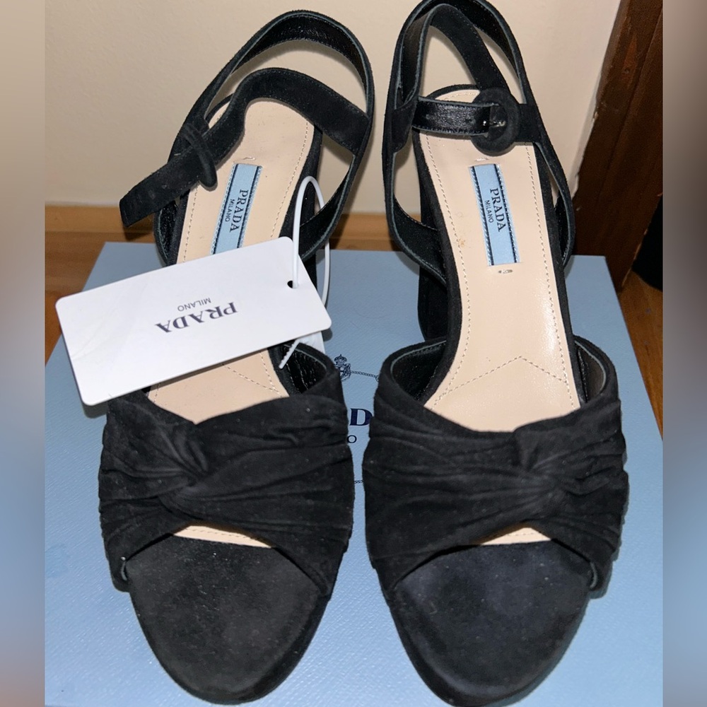 Black Prada suede platform pumps